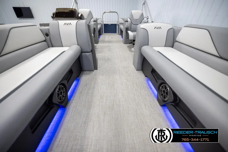 Slide: The Image of Luxurious interior of 2025 Avalon VEN QL boat with modern seating and blue LED lighting. - 13