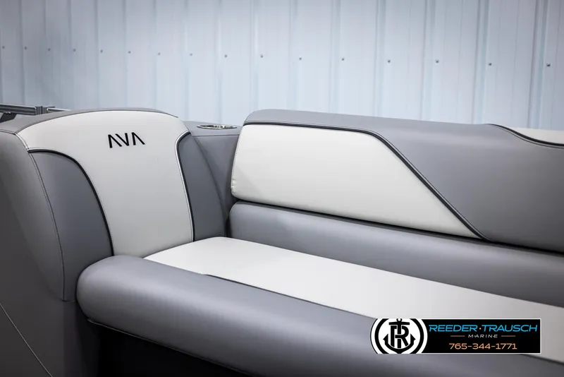 Slide: The Image of 2025 Avalon VEN QL boat seating with gray and white upholstery. - 34