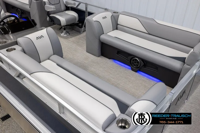 Slide: The Image of Luxurious 2025 Avalon VEN QL boat interior with plush seating and ambient lighting. - 9