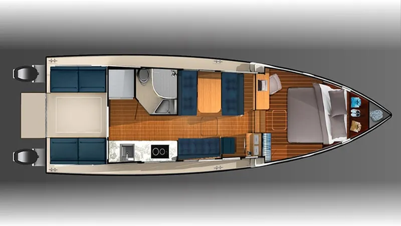Slide: The Image of Top view layout of 2018 Great Harbour TT35 boat interior with seating, kitchen, and bedroom. - 12