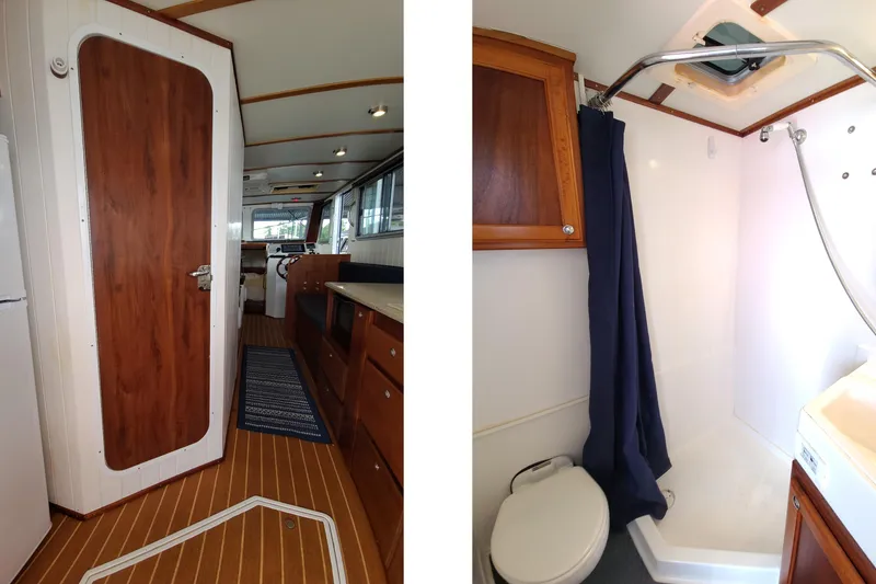 Slide: The Image of Interior of 2018 Great Harbour TT35 boat, featuring wood accents and compact bathroom. - 8