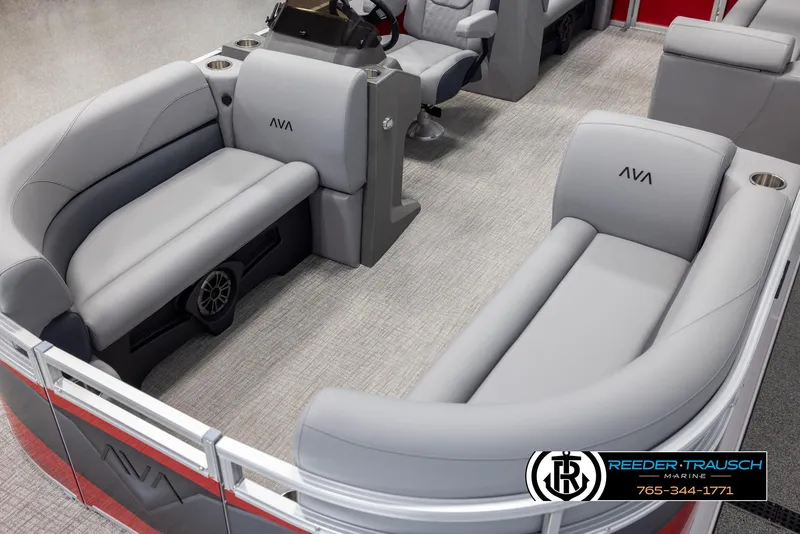 Slide: The Image of 2025 Avalon VLS QL boat interior with gray seating and modern design. - 10