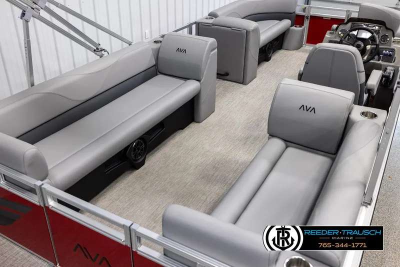 Slide: The Image of 2025 Avalon VLS QL pontoon boat interior with gray seating and modern design. - 12