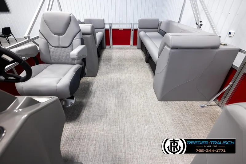 Slide: The Image of 2025 Avalon VLS QL boat interior with gray seating and modern design. - 14
