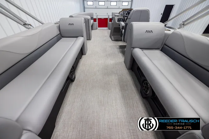 Slide: The Image of 2025 Avalon VLS QL boat interior with gray seating and modern design. - 16
