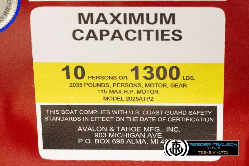 Slide: The Image of Maximum capacity label for Avalon VLS QL 2025 boat, 10 persons or 1300 lbs. - 46