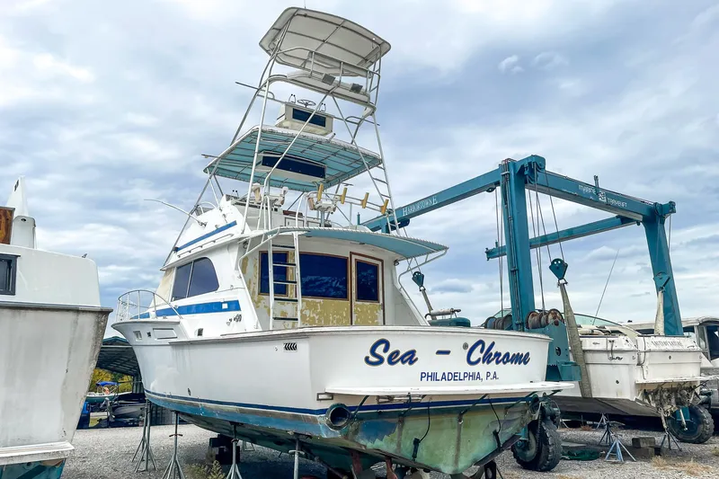 Slide: The Image of 1978 Bertram 46 Convertible boat "Sea Chrome" in dry dock, Philadelphia, PA. - 12