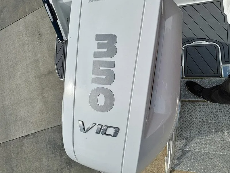 Slide: The Image of Cobalt R6 Outboard 2025 with 350 V10 engine, top view on dock. - 8