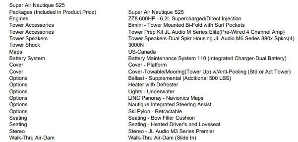 Slide: The Image of Text listing features and options for the 2023 Nautique Super Air Nautique S25 boat. - 13