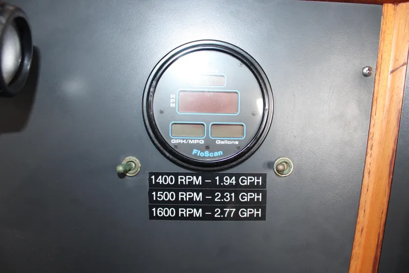 Slide: The Image of FloScan fuel gauge on 2001 Nordhavn 40, showing RPM and GPH readings. - 13