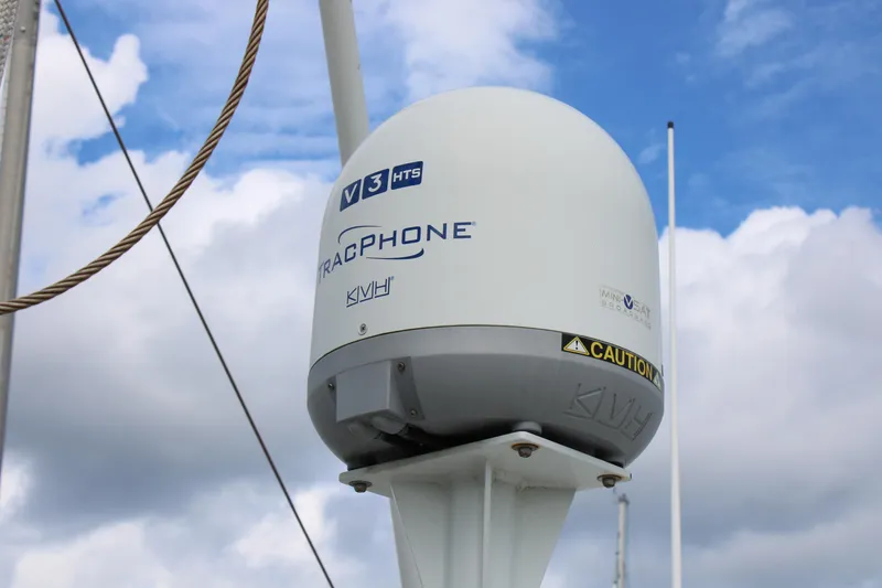 Slide: The Image of Satellite communication dome on 2001 Nordhavn 40 yacht against cloudy sky. - 27