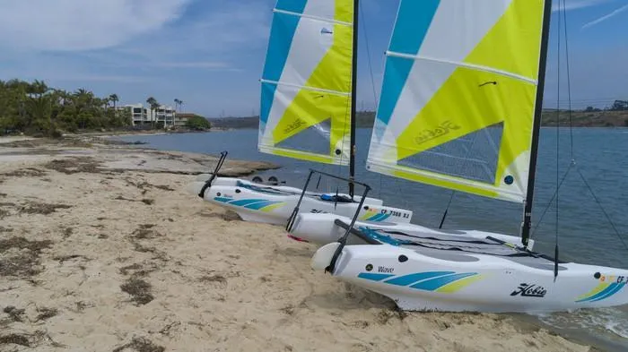 Slide: The Image of 2024 Hobie Cat Club WAVE sailboats on sandy beach by the water. - 3