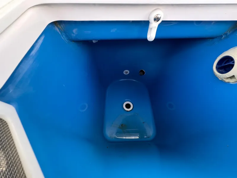 Slide: The Image of 2024 Everglades 253 Center Console livewell interior, blue and white design. - 42