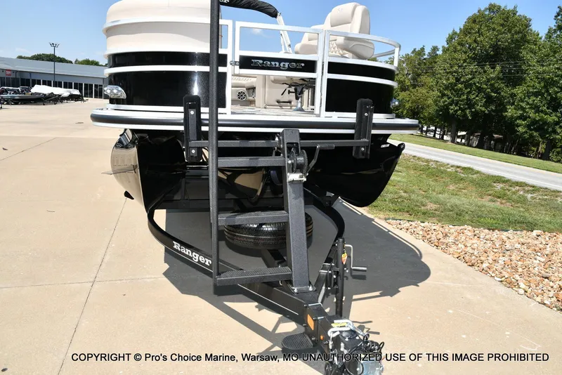 Slide: The Image of 2025 Ranger 223FC pontoon boat with 200HP Mercury 4 Stroke engine on trailer. - 19
