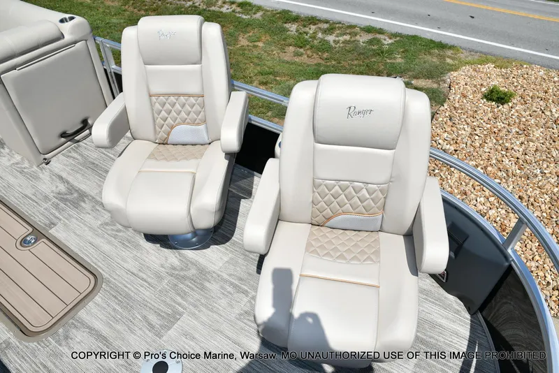 Slide: The Image of 2025 Ranger 223FC boat seats with quilted design and armrests, showcasing luxury and comfort. - 21