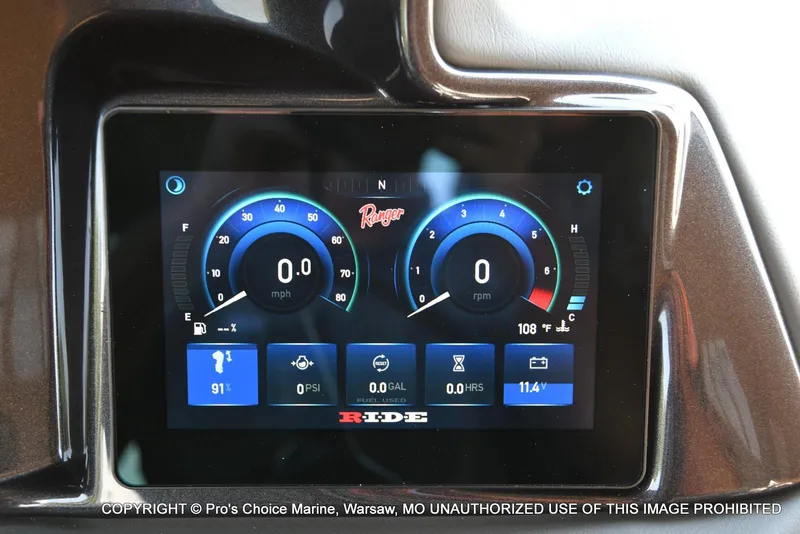 Slide: The Image of Digital dashboard of 2025 Ranger 223FC boat with Mercury 4 Stroke engine display. - 9