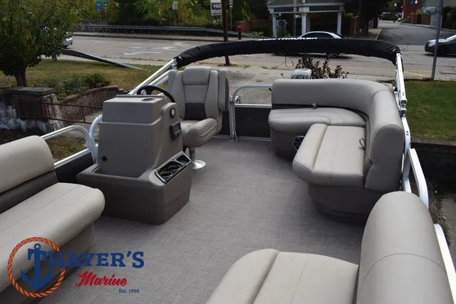 Slide: The Image of 2025 Sun Tracker PARTY BARGE® 16 DLX pontoon boat with spacious seating and modern design. - 12