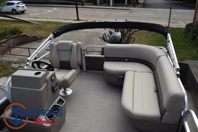 Slide: The Image of 2025 Sun Tracker PARTY BARGE® 16 DLX pontoon boat with spacious seating and modern design. - 27