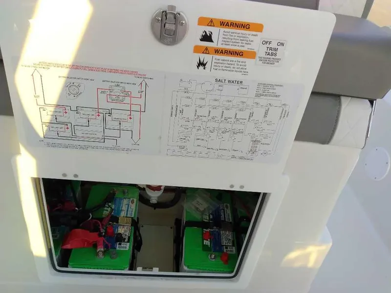 Slide: The Image of 2024 Ranger 2510 Bay boat battery compartment with warning labels and diagrams. - 13
