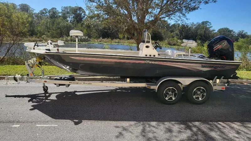 Slide: The Image of 2024 Ranger RB200 boat on trailer, parked near a scenic lake. - 3