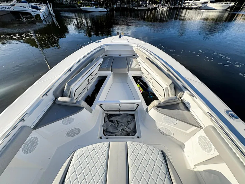Slide: The Image of 2023 HCB 53 Sueños luxury boat interior with spacious seating and elegant design. - 38