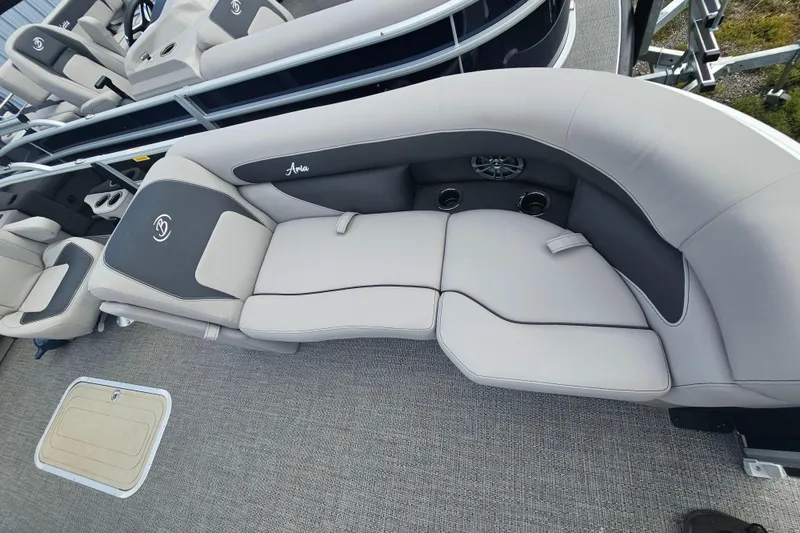 Slide: The Image of 2025 Barletta A22UC boat interior with plush seating and modern design. - 5