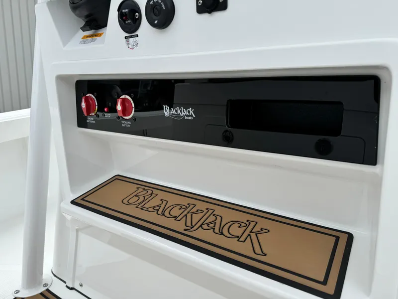 Slide: The Image of 2025 BlackJack 256 Coastal boat dashboard with controls and branding. - 23