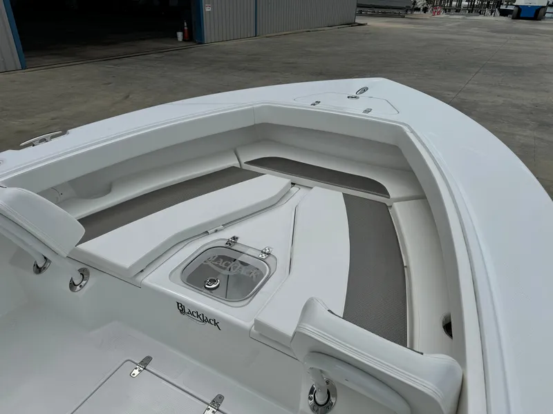 Slide: The Image of 2025 BlackJack 256 Coastal boat interior with sleek seating and storage compartments. - 9
