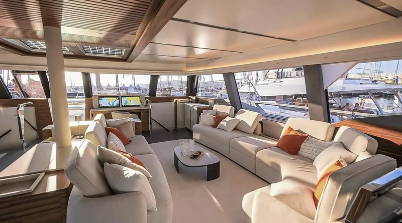 Slide: The Image of Luxurious interior of 2027 Fountaine Pajot Power 80 yacht with elegant seating and modern design. - 11