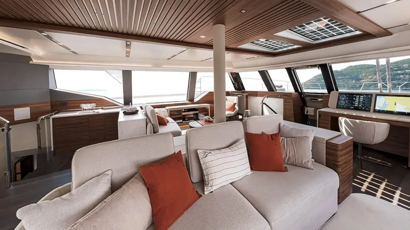 Slide: The Image of Luxurious interior of 2027 Fountaine Pajot Power 80 yacht with modern design and plush seating. - 16