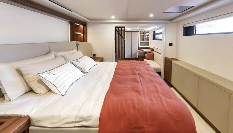 Slide: The Image of Luxurious bedroom interior of 2027 Fountaine Pajot Power 80 yacht, featuring modern design and comfort. - 18