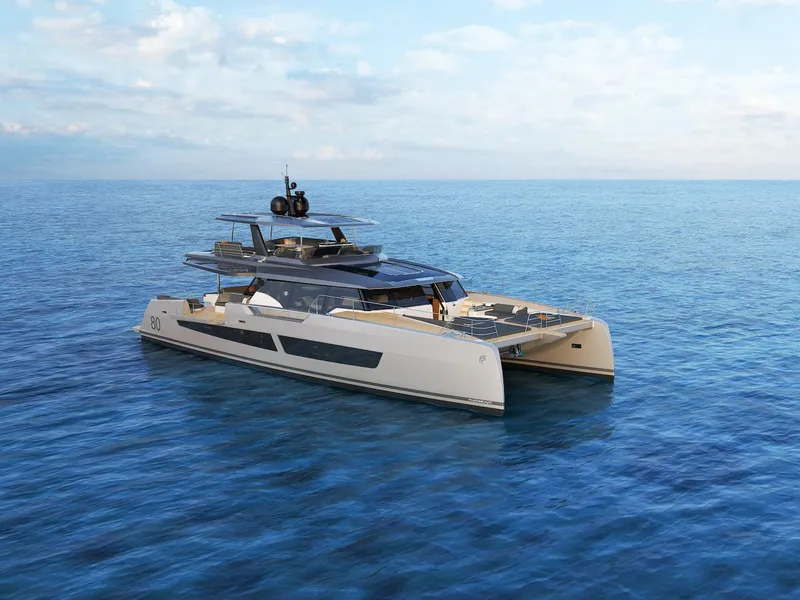 Slide: The Image of Fountaine Pajot Power 80 yacht, 2027 model, cruising on open sea under clear skies. - 20