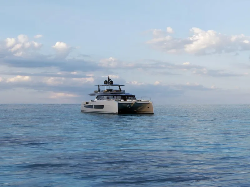 Slide: The Image of Fountaine Pajot Power 80 yacht on calm sea under cloudy sky, 2027 model. - 23