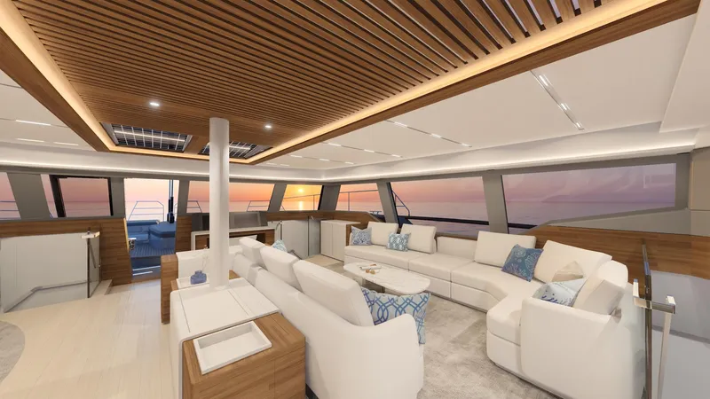 Slide: The Image of Luxurious interior of 2027 Fountaine Pajot Power 80 yacht with sunset view. - 7