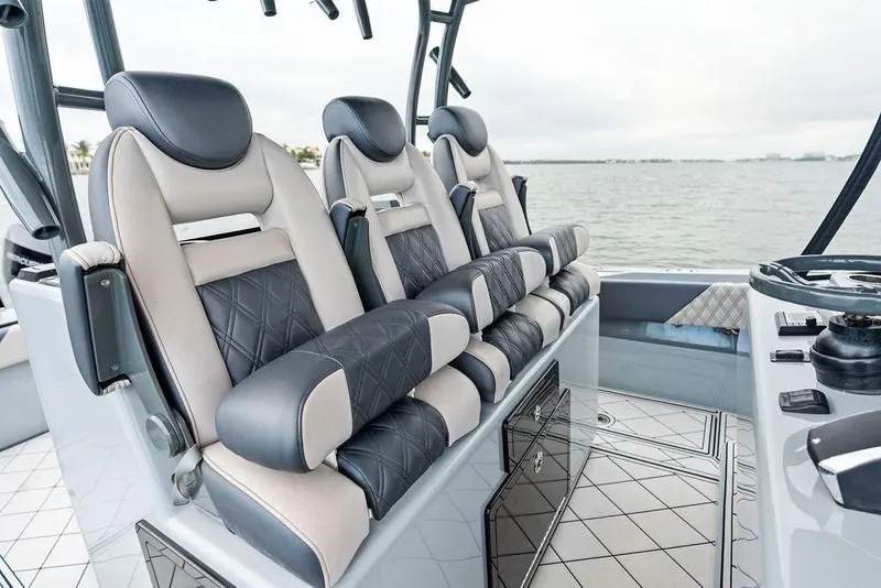 Slide: The Image of Luxurious seating on 2020 Front Runner 39 CC boat, featuring elegant design and comfort. - 14