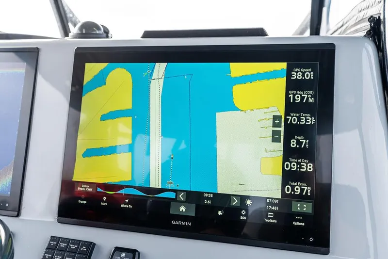 Slide: The Image of Garmin navigation display on 2020 Front Runner 39 CC boat dashboard. - 17