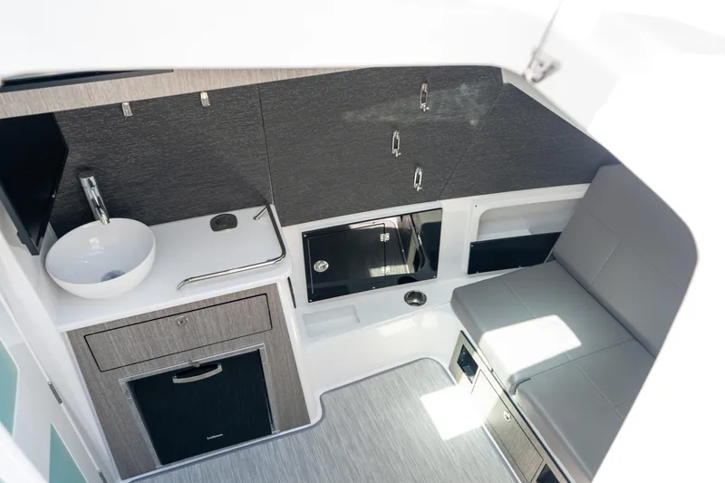 Slide: The Image of 2024 Blackfin 400CC cabin interior with modern amenities and sleek design. - 30