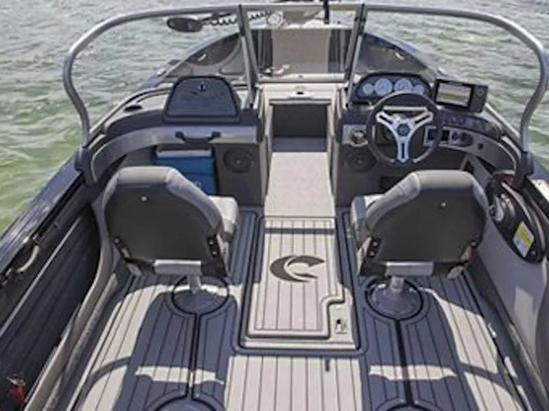 Slide: The Image of 2025 Crestliner 1950 Super Hawk boat interior with dual seats and modern dashboard. - 48
