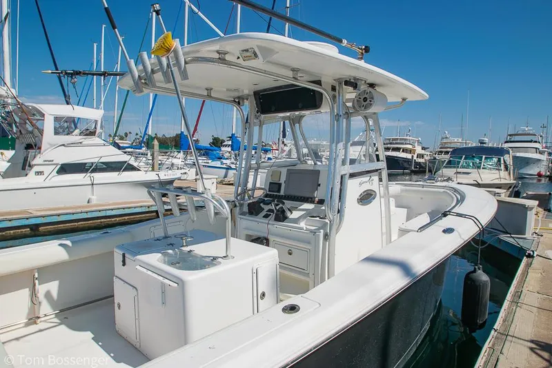 Slide: The Image of Sea Hunt Gamefish 29 boat, 2010 model, docked at marina with clear blue sky. - 0