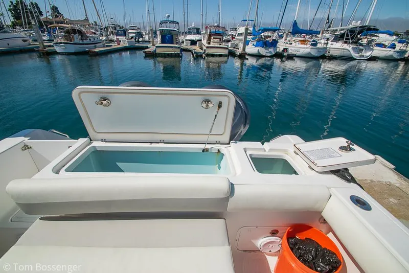 Slide: The Image of 2010 Sea Hunt Gamefish 29 boat with open storage, docked in a marina. - 27
