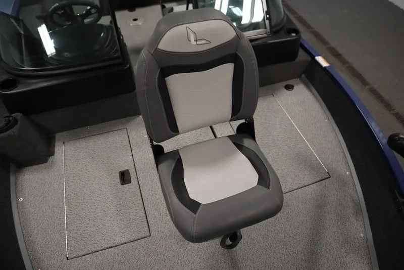 Slide: The Image of 2025 Lowe 1775 FM WT boat seat with gray and black upholstery. - 14