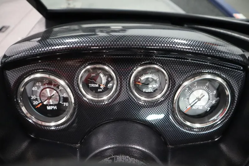 Slide: The Image of Dashboard of 2025 Lowe 1775 FM WT boat with speedometer, trim, fuel, and RPM gauges. - 25