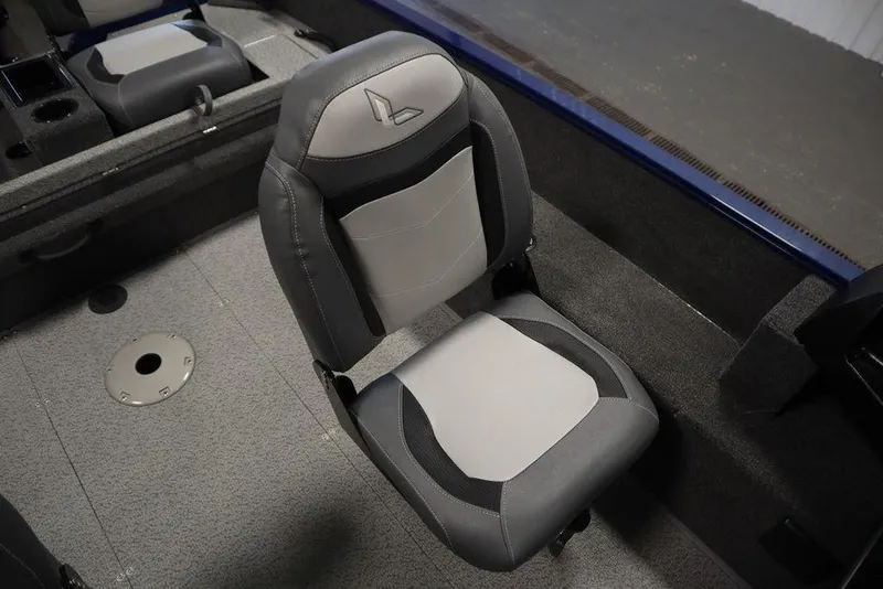 Slide: The Image of 2025 Lowe 1775 FM WT boat interior with gray and black seating. - 38