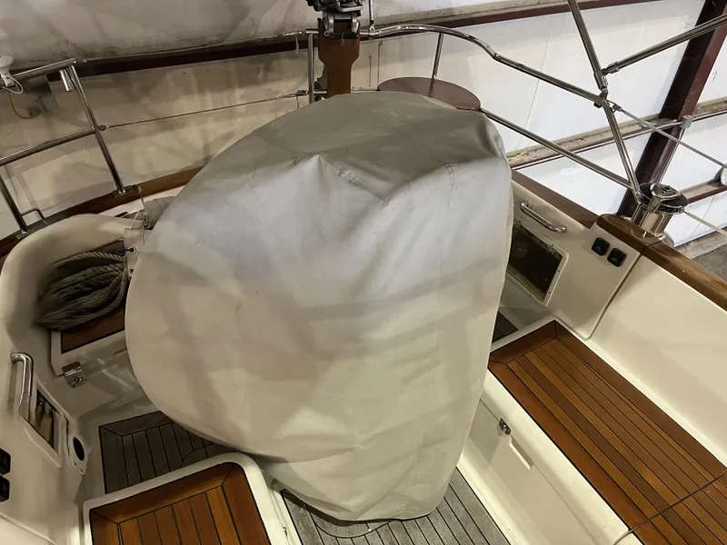 Slide: The Image of Covered steering wheel in the cockpit of a 2003 Fantasi 44 Pilot House yacht. - 20