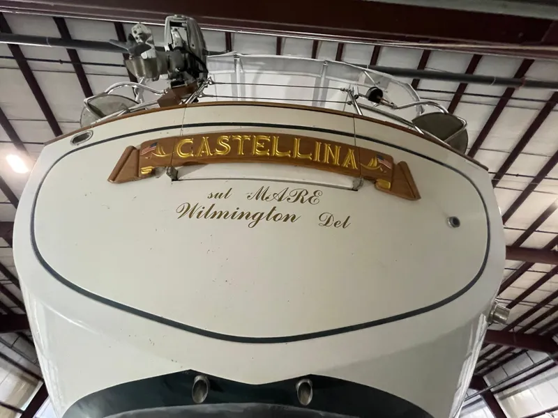 Slide: The Image of Fantasi 44 Pilot House yacht "Castellina" in a boat storage facility, Wilmington, Delaware. - 5