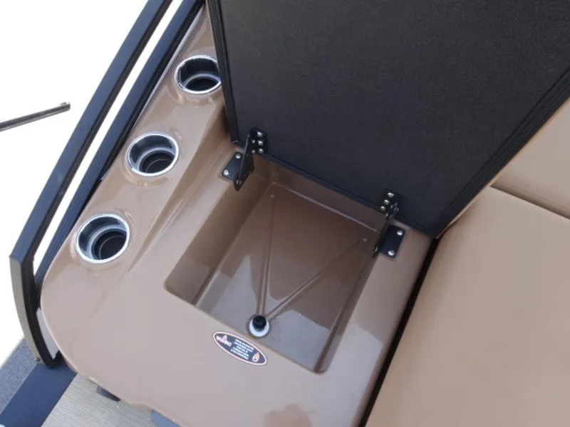 Slide: The Image of 2025 Harris Solstice 250 boat seat storage with cup holders, open compartment view. - 15