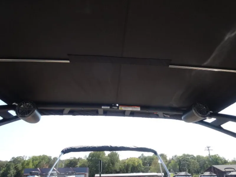 Slide: The Image of 2025 Harris Solstice 250 boat canopy with speakers, view from below. - 16