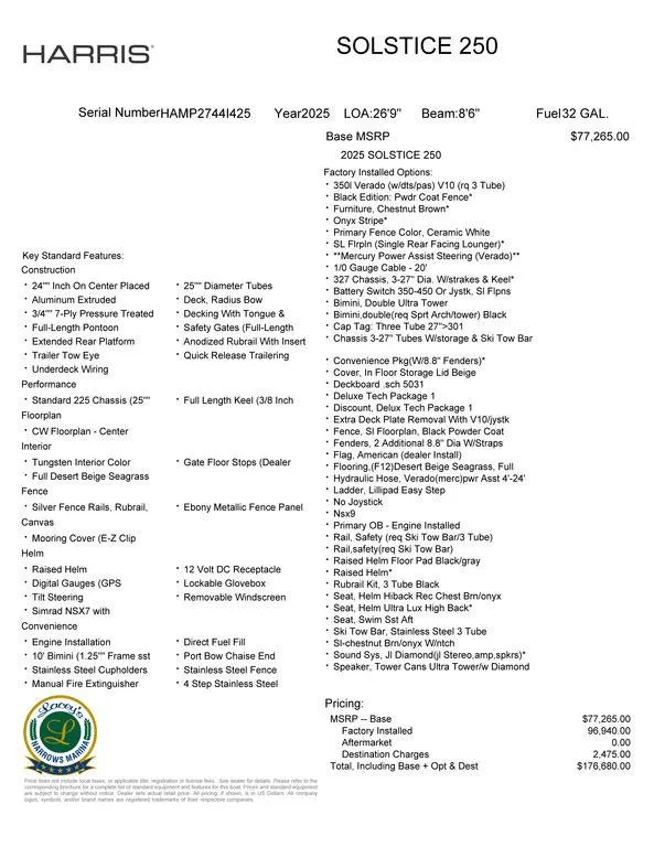 Slide: The Image of 2025 Harris Solstice 250 boat specifications and pricing details, featuring key standard features and optional upgrades. - 19