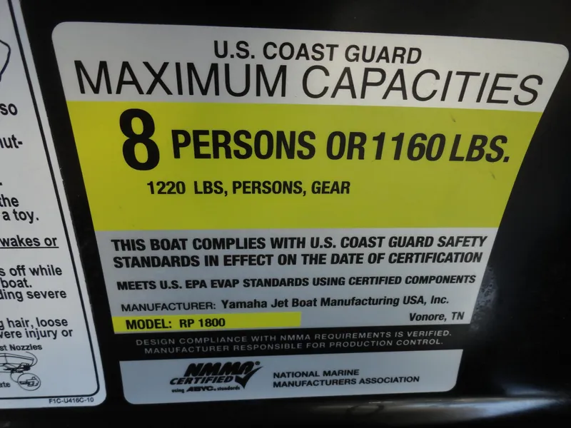 Slide: The Image of Yamaha AR195 2017 capacity label: 8 persons or 1160 lbs, U.S. Coast Guard compliant. - 13