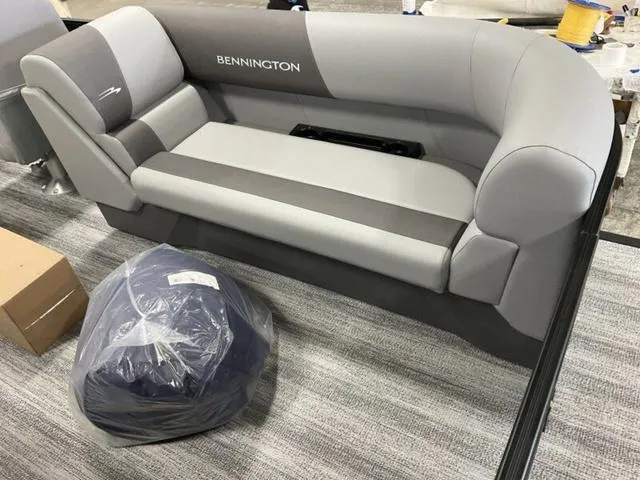 Slide: The Image of 2025 Bennington 22 SSR boat seating in gray and beige upholstery. - 5